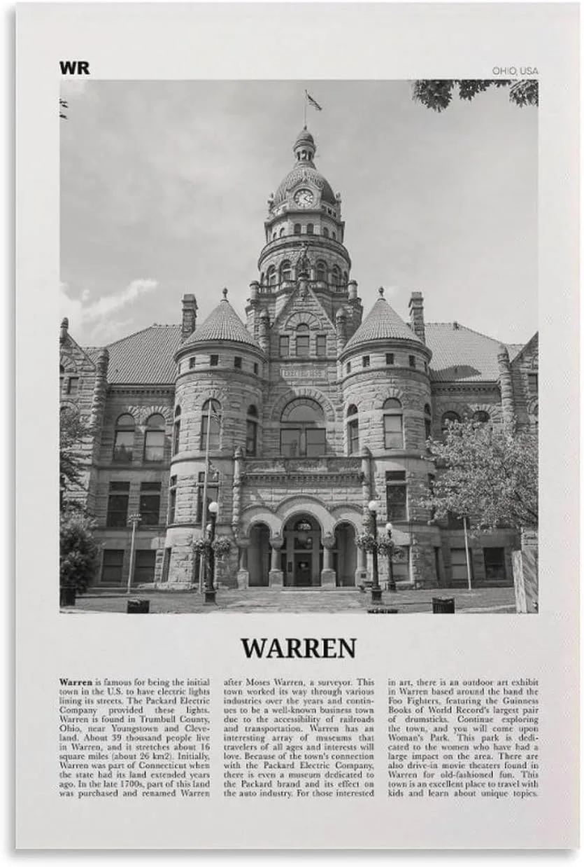 Warren Print Black And White, Warren Wall Art, Warren Poster, Warren Photo, Warren Wall Décor, Warren Map, Ohio, USA Canvas Poster Wall Art Bedroom Decor Office Room Kitchen Decor Gift 12x18inch(30x4