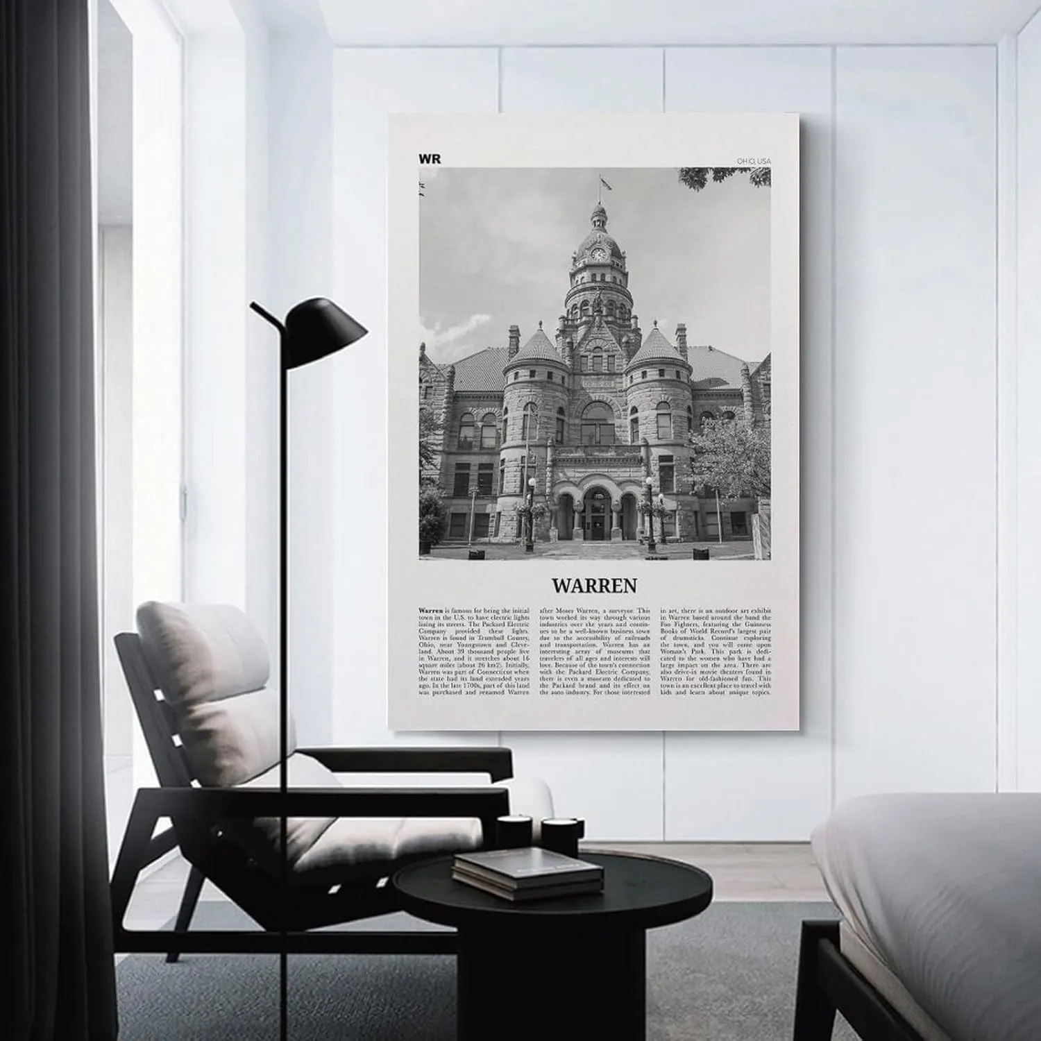 Warren Print Black And White, Warren Wall Art, Warren Poster, Warren Photo, Warren Wall Décor, Warren Map, Ohio, USA Canvas Poster Wall Art Bedroom Decor Office Room Kitchen Decor Gift 12x18inch(30x4