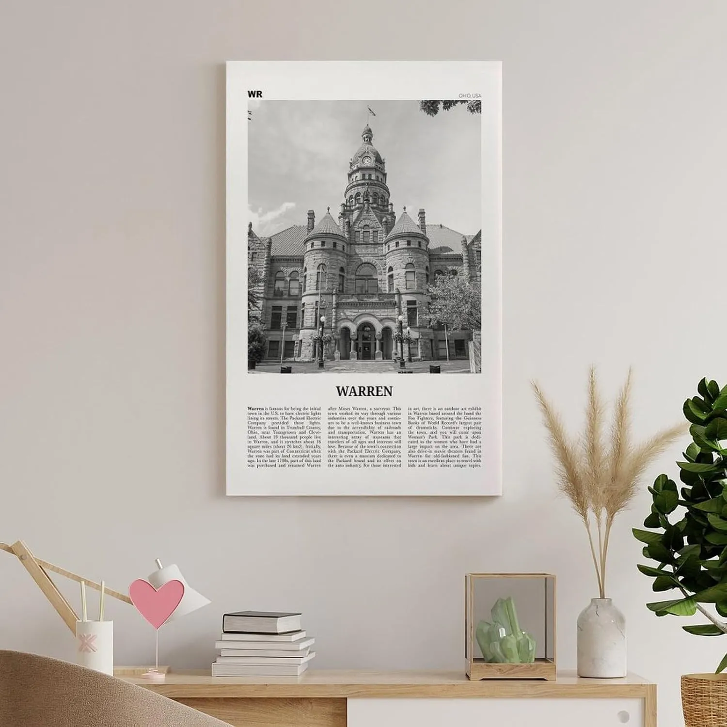 Warren Print Black And White, Warren Wall Art, Warren Poster, Warren Photo, Warren Wall Décor, Warren Map, Ohio, USA Canvas Poster Wall Art Bedroom Decor Office Room Kitchen Decor Gift 12x18inch(30x4