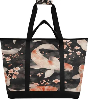 Watercolor Koi Fish Reusable Insulated Cooler Bag with Ice Pack Compartment - Large 47L Waterproof Thermal Grocery Tote for Picnic Beach Camping Lunch Storage
