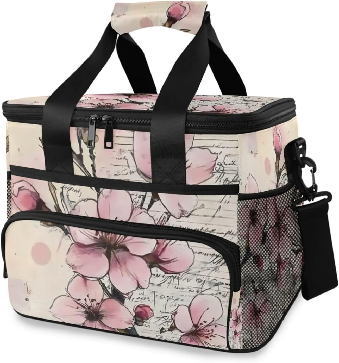 Watercolor Pink Cherry Cooler Bag Insulated Cooler Soft Sided Cooler 24 Can Portable Picnic Bag Large Leakproof Lunch Bag Box for Beach Grocery Camping Travel Car Men Women