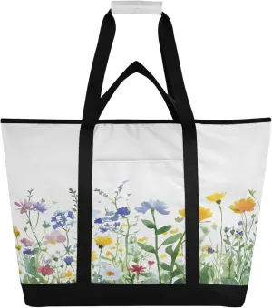 Watercolor Wildflower Reusable Insulated Cooler Bag with Ice Pack Compartment - Large 245L Waterproof Thermal Grocery Tote for Picnic Beach Camping Lunch Storage