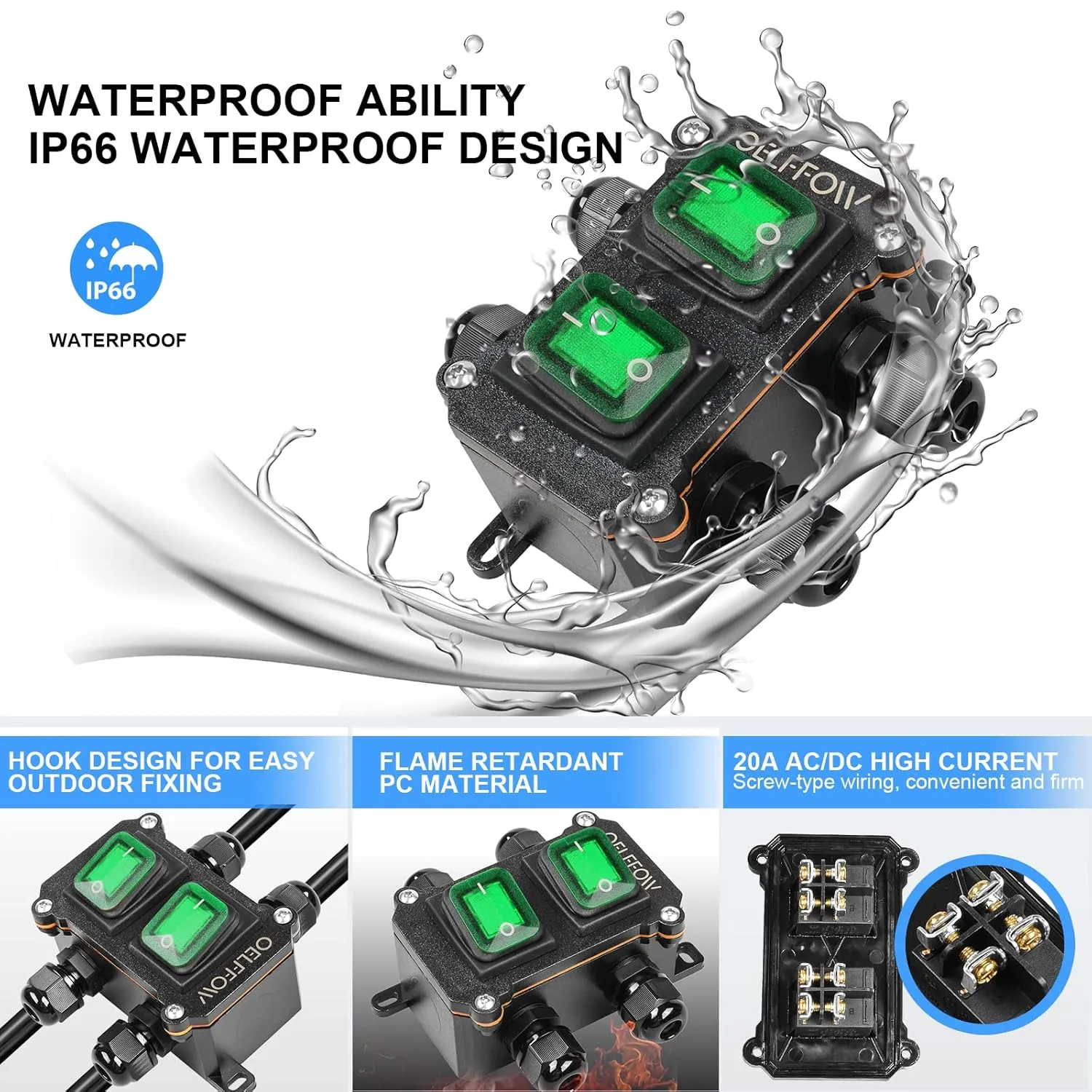 Waterproof On Off Toggle Switch Double Switch with Green Light Rocker Button Inline Cord Switch DPST AC/DC 20A-125V,16A-250V,30A-24V,35A-12V, IP66 4 Exit