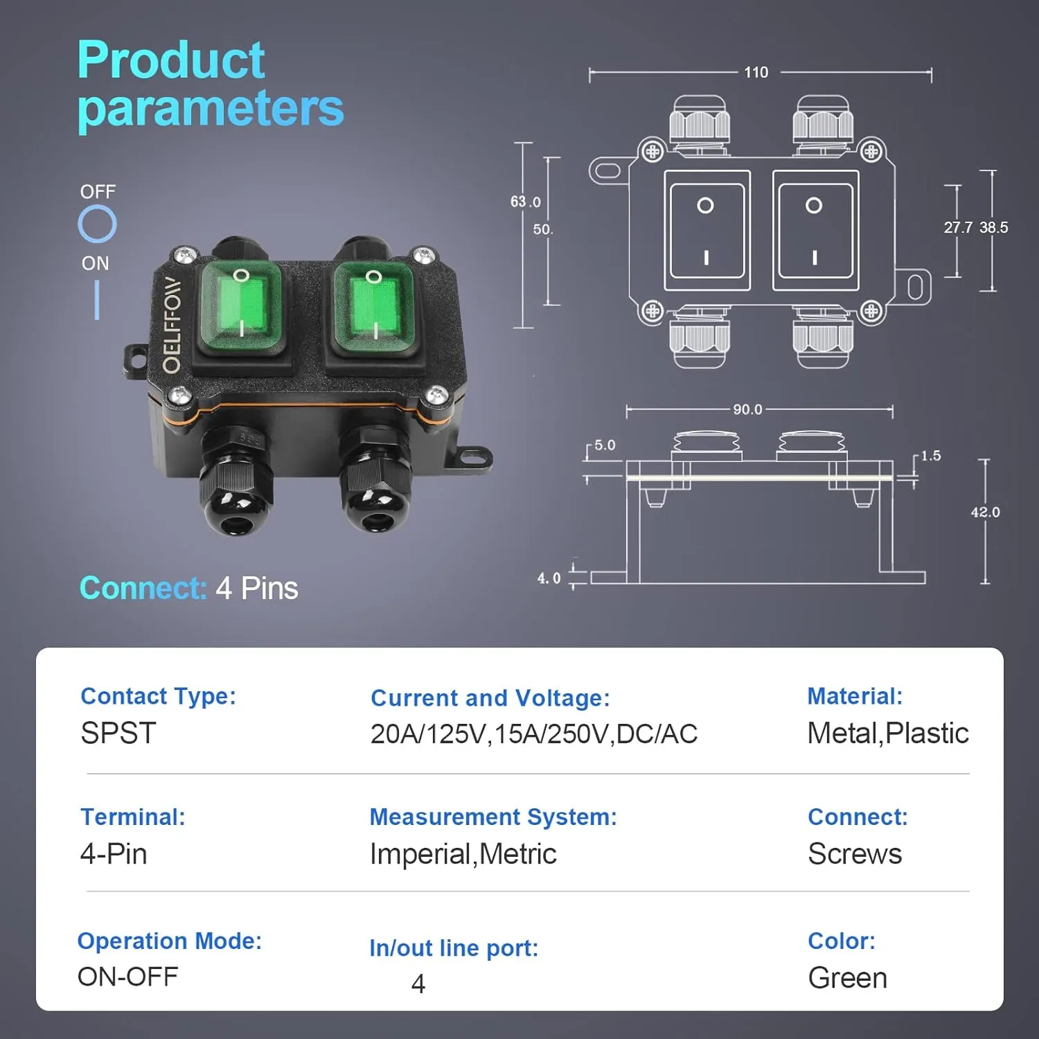 Waterproof On Off Toggle Switch Double Switch with Green Light Rocker Button Inline Cord Switch DPST AC/DC 20A-125V,16A-250V,30A-24V,35A-12V, IP66 4 Exit