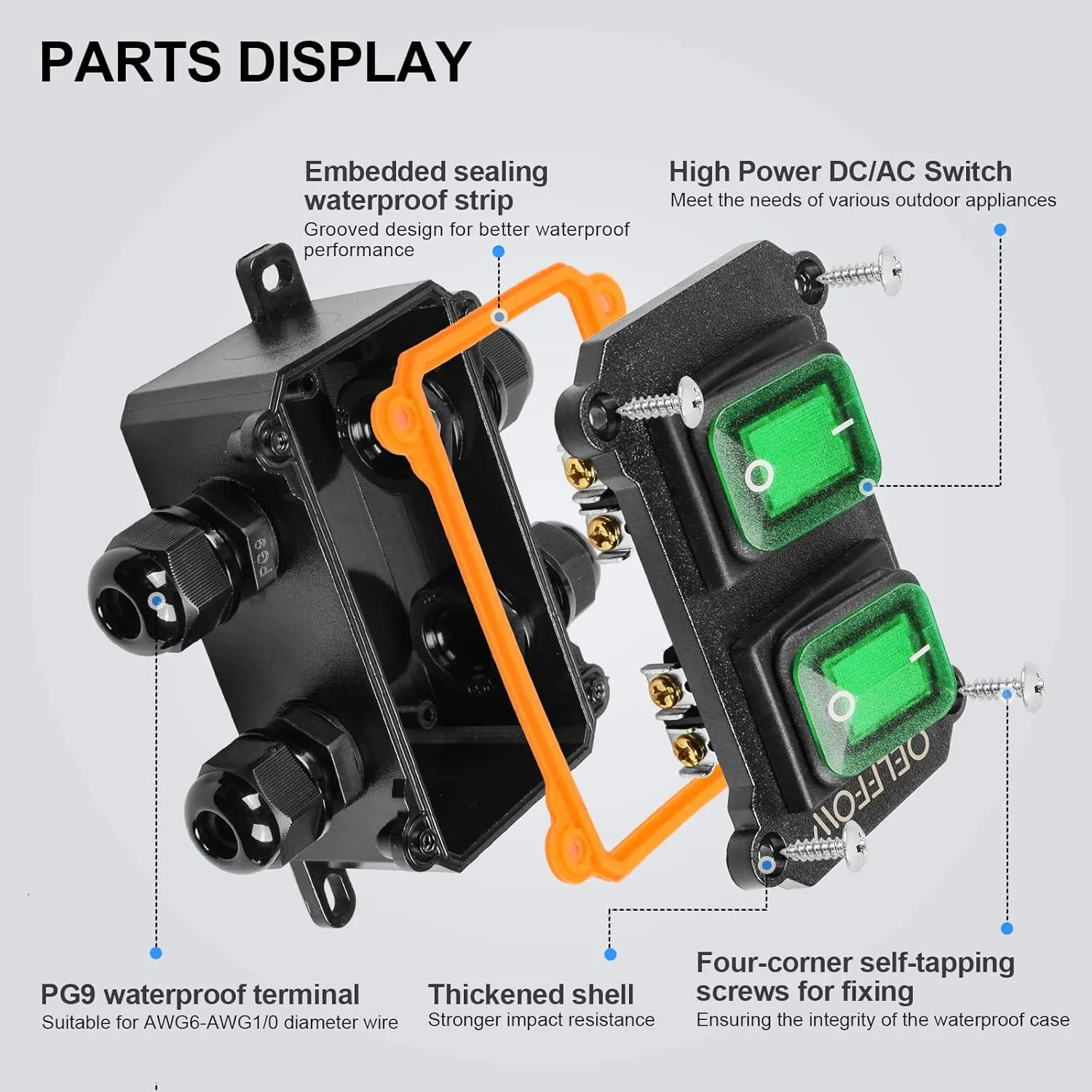 Waterproof On Off Toggle Switch Double Switch with Green Light Rocker Button Inline Cord Switch DPST AC/DC 20A-125V,16A-250V,30A-24V,35A-12V, IP66 4 Exit