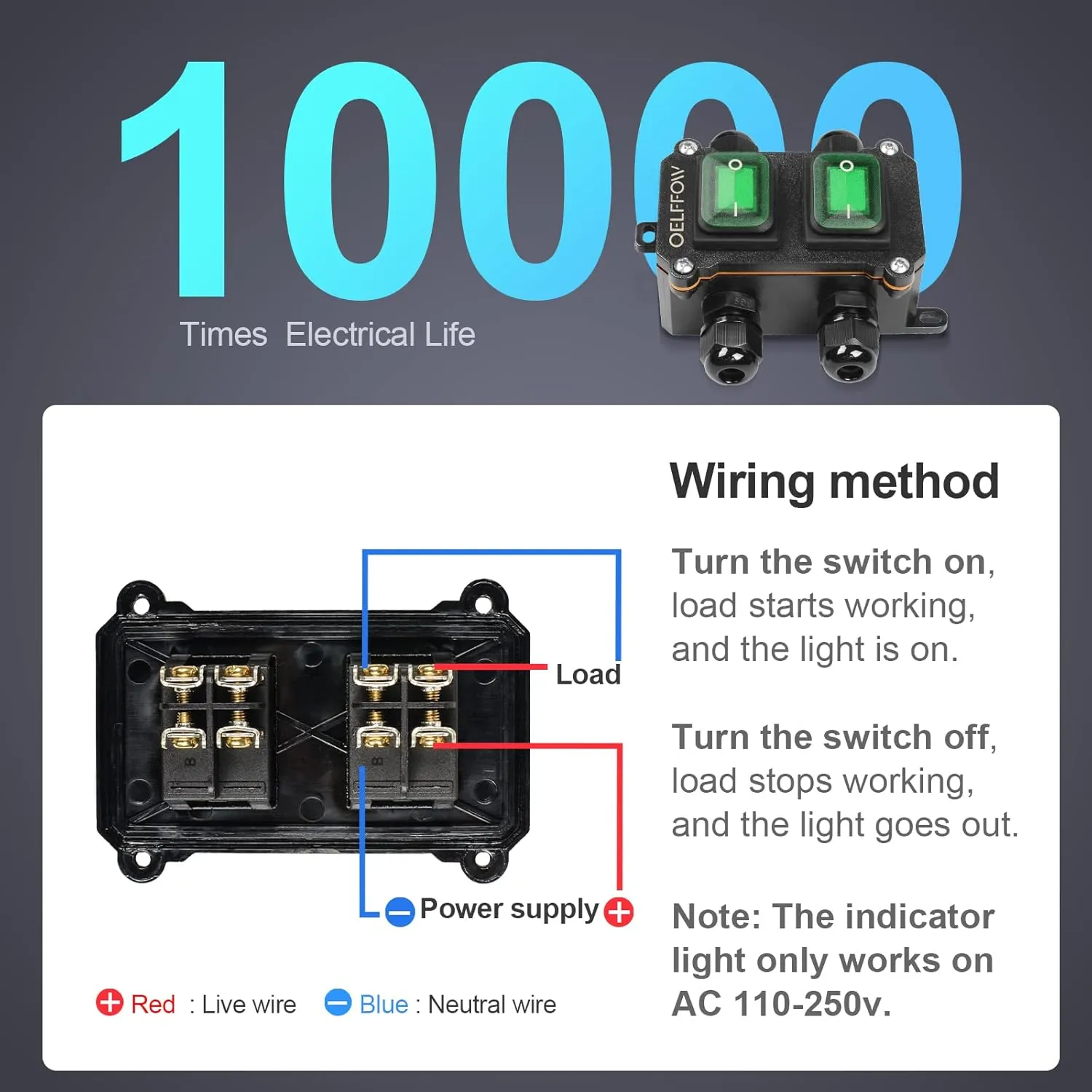 Waterproof On Off Toggle Switch Double Switch with Green Light Rocker Button Inline Cord Switch DPST AC/DC 20A-125V,16A-250V,30A-24V,35A-12V, IP66 4 Exit