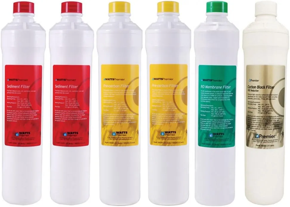 Watts Premier Annual RO Pure Plus 6-Pack Filtration Kit for Zero/Pure Plus Reverse Osmosis System, Push Button Water Filter Replacement, 2 Sediment Filters, 2 Carbon Pre-Filters, VOC, Membrane