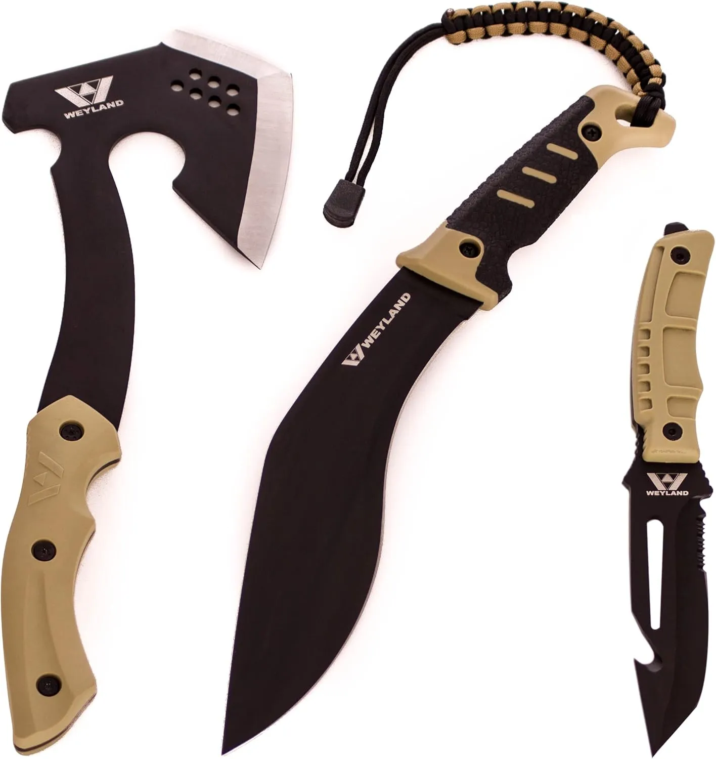WEYLAND Tactical Blade Bundle - Includes Our Tactical Knife, Survival Axe and Kukri Machete for Bushcraft, Camping, Hiking & Hunting