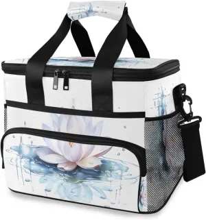 White Lotus Flower Cooler Bag Insulated Cooler Soft Sided Cooler 24 Can Portable Picnic Bag Large Leakproof Lunch Bag Box for Beach Grocery Camping Travel Car Men Women