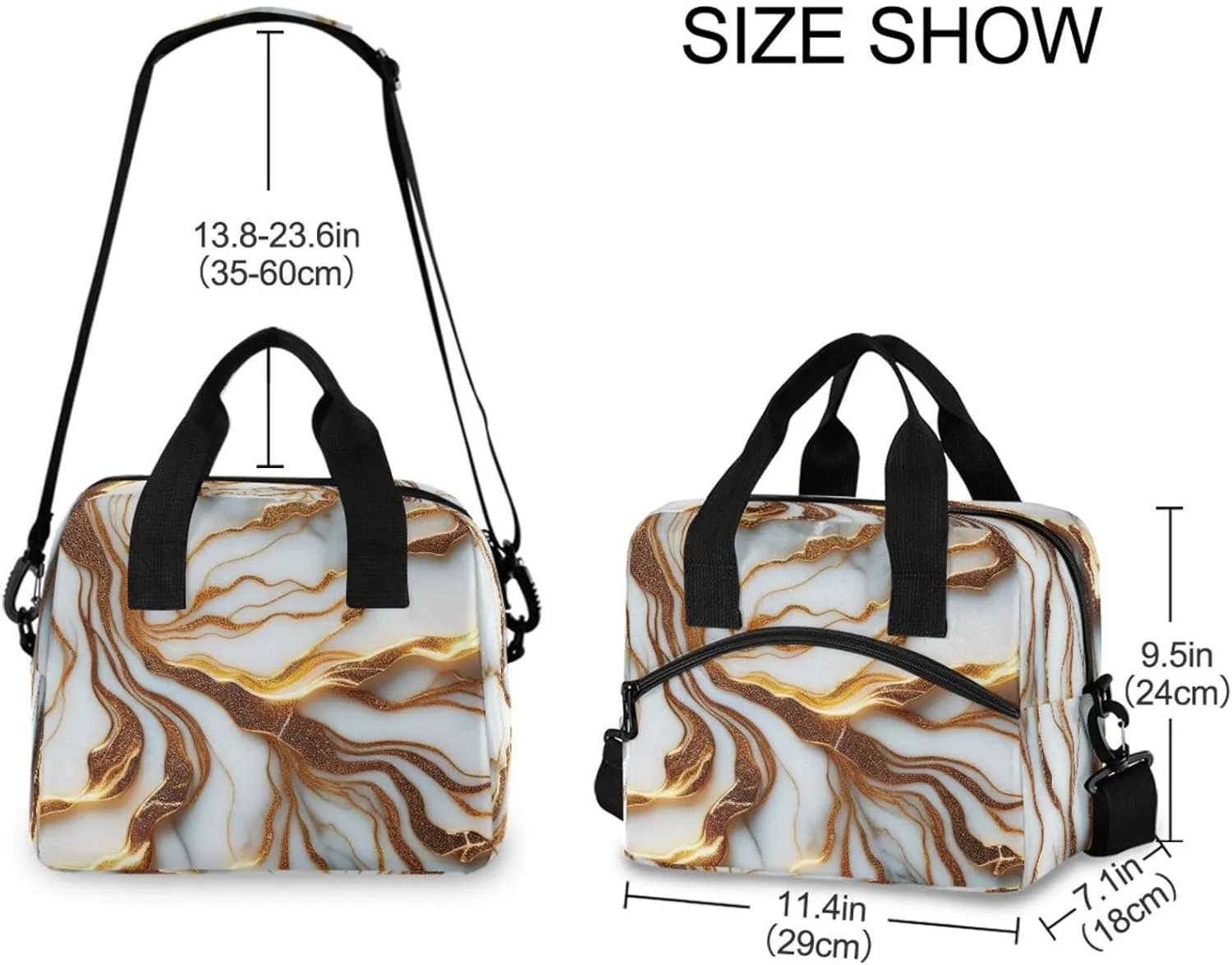 White Marble Gold Veins Lunch Bag Cooler Tote Insulated Portable, Lunch Box Tote, Cute Lunch Bag