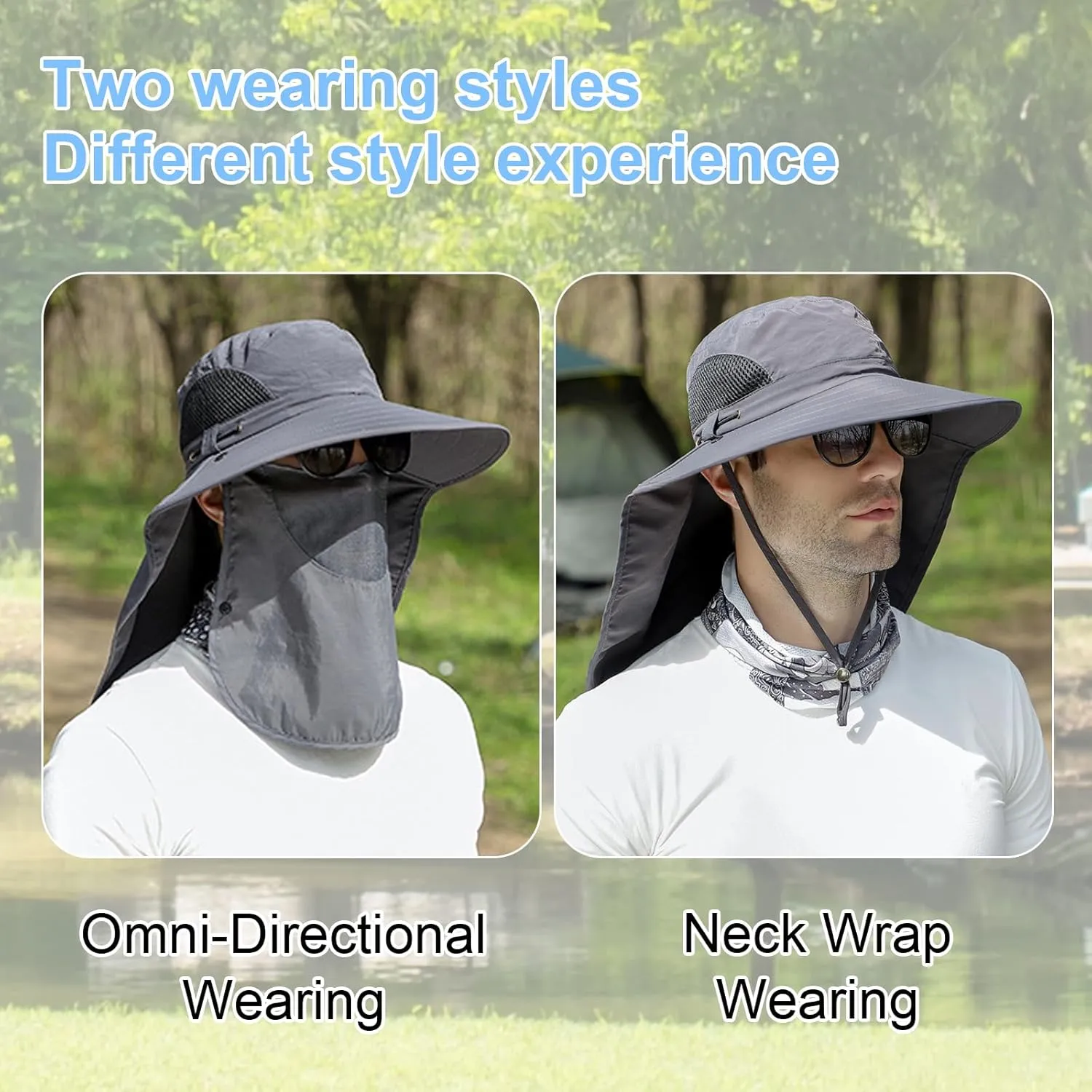 Wide Brim Sun Hat with Removable Neck & Face Flap – UPF 50  UV Protection Safari Hat for Men & Women, Big Head Friendly