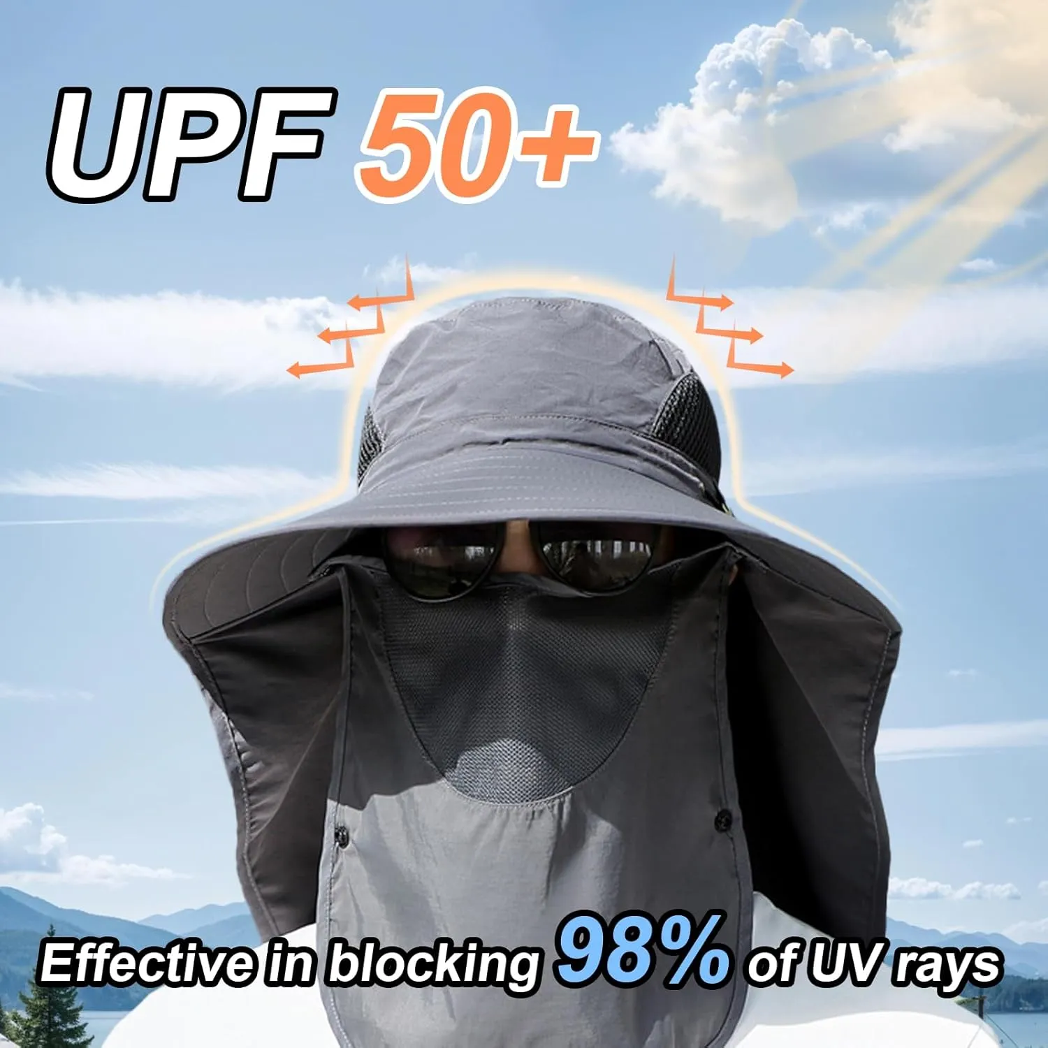 Wide Brim Sun Hat with Removable Neck & Face Flap – UPF 50  UV Protection Safari Hat for Men & Women, Big Head Friendly