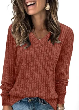 WIHOLL V Neck Long Sleeve Shirts for Women Casual Fall Tops Lightweight Tunic Sweaters Fashion Clothes 2024