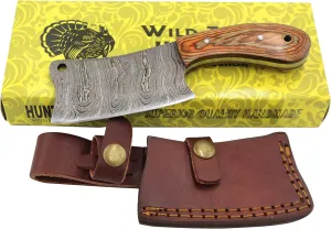 Wild Turkey Handmade Damascus Steel Collection 7" Fixed Blade Chef Cleaver Hatchet w/Leather Sheath (Brown Wood)