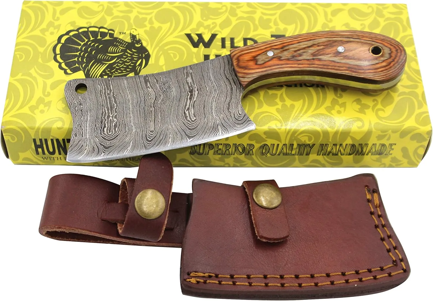 Wild Turkey Handmade Damascus Steel Collection 7" Fixed Blade Chef Cleaver Hatchet w/Leather Sheath (Brown Wood)