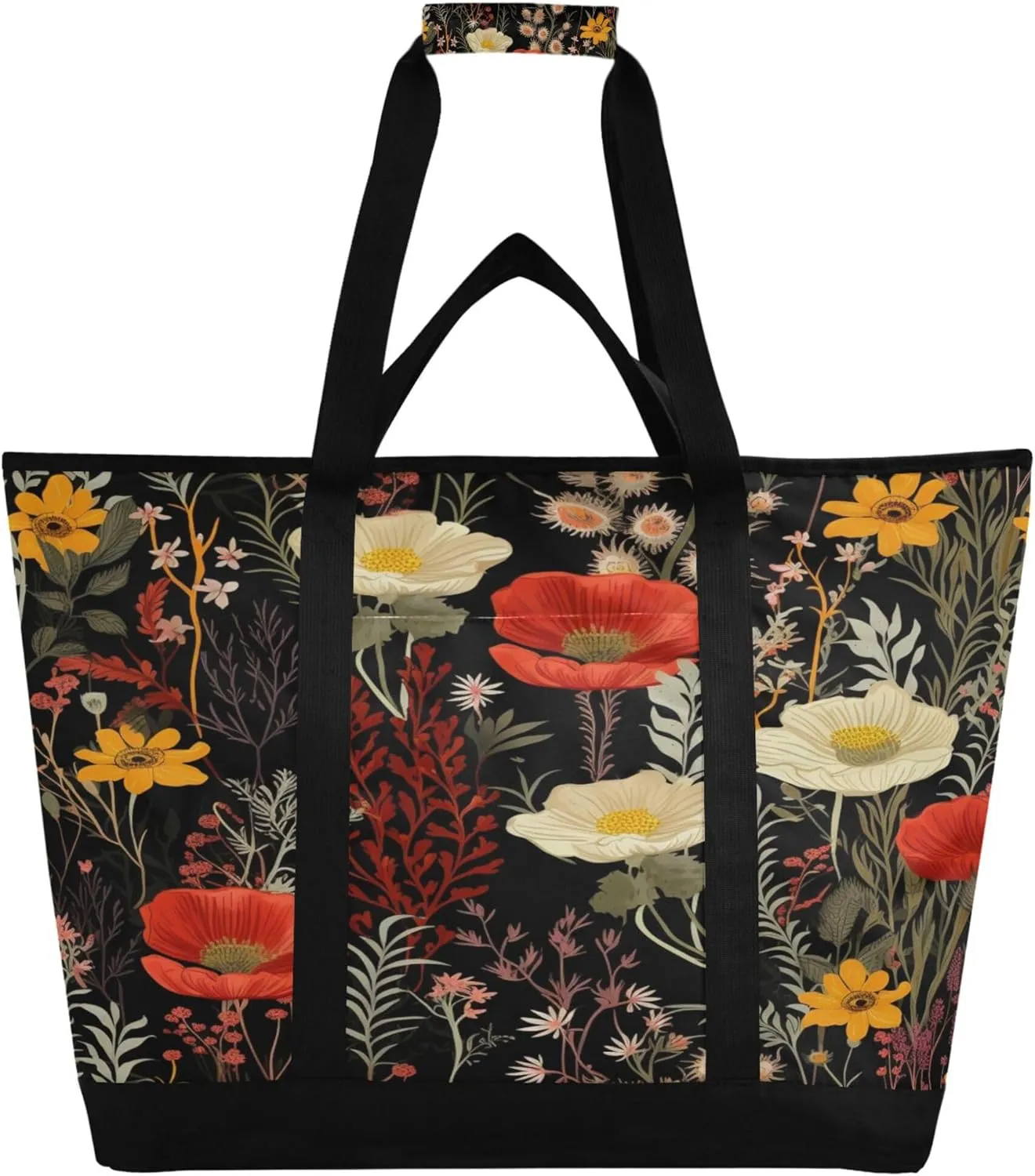 Wildflowers Reusable Insulated Cooler Bag with Ice Pack Compartment - Large 160L Waterproof Thermal Grocery Tote for Picnic Beach Camping Lunch Storage
