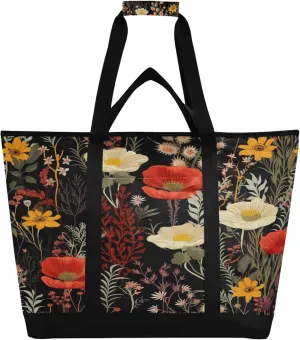 Wildflowers Reusable Insulated Cooler Bag with Ice Pack Compartment - Large 160L Waterproof Thermal Grocery Tote for Picnic Beach Camping Lunch Storage