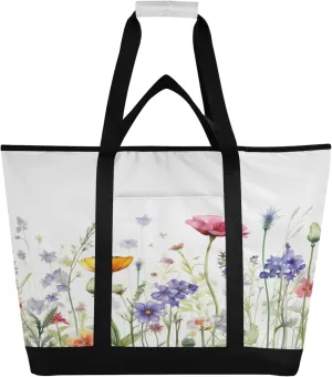 Wildflowers Reusable Insulated Cooler Bag with Ice Pack Compartment - Large 171L Waterproof Thermal Grocery Tote for Picnic Beach Camping Lunch Storage
