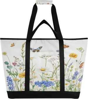 Wildflowers Reusable Insulated Cooler Bag with Ice Pack Compartment - Large 184L Waterproof Thermal Grocery Tote for Picnic Beach Camping Lunch Storage