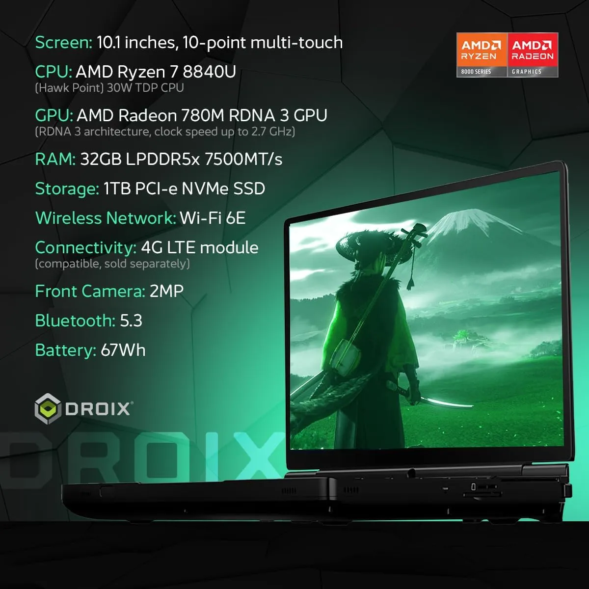 Win MAX 2 2025 Handheld Gaming PC with AMD Ryzen 7 8840U, Radeon 780M GPU, 32GB RAM, 1TB SSD, OcuLink, 10.1" IPS Display, Gaming Controls, Keyboard and touchpad