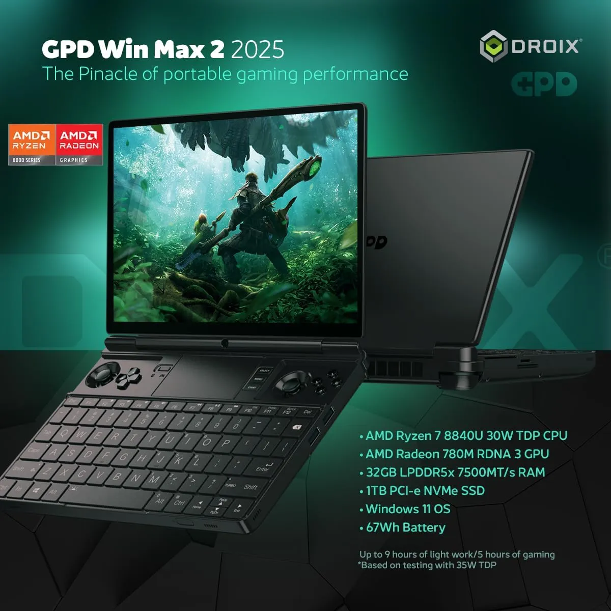 Win MAX 2 2025 Handheld Gaming PC with AMD Ryzen 7 8840U, Radeon 780M GPU, 32GB RAM, 1TB SSD, OcuLink, 10.1" IPS Display, Gaming Controls, Keyboard and touchpad