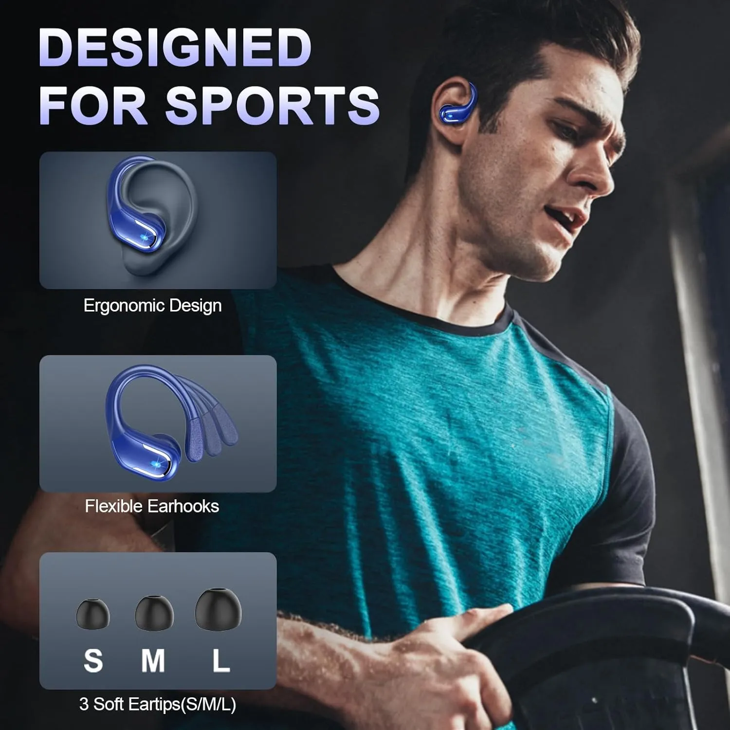 Wireless Earbud Bluetooth 5.4 Headphones 75Hrs Playtime, 2025 Bluetooth Earbuds Deep Bass Noise Cancelling Mic, Over Ear Bud with Sport Earhooks, IPX7 Waterproof LED Display, Button Control, Blue