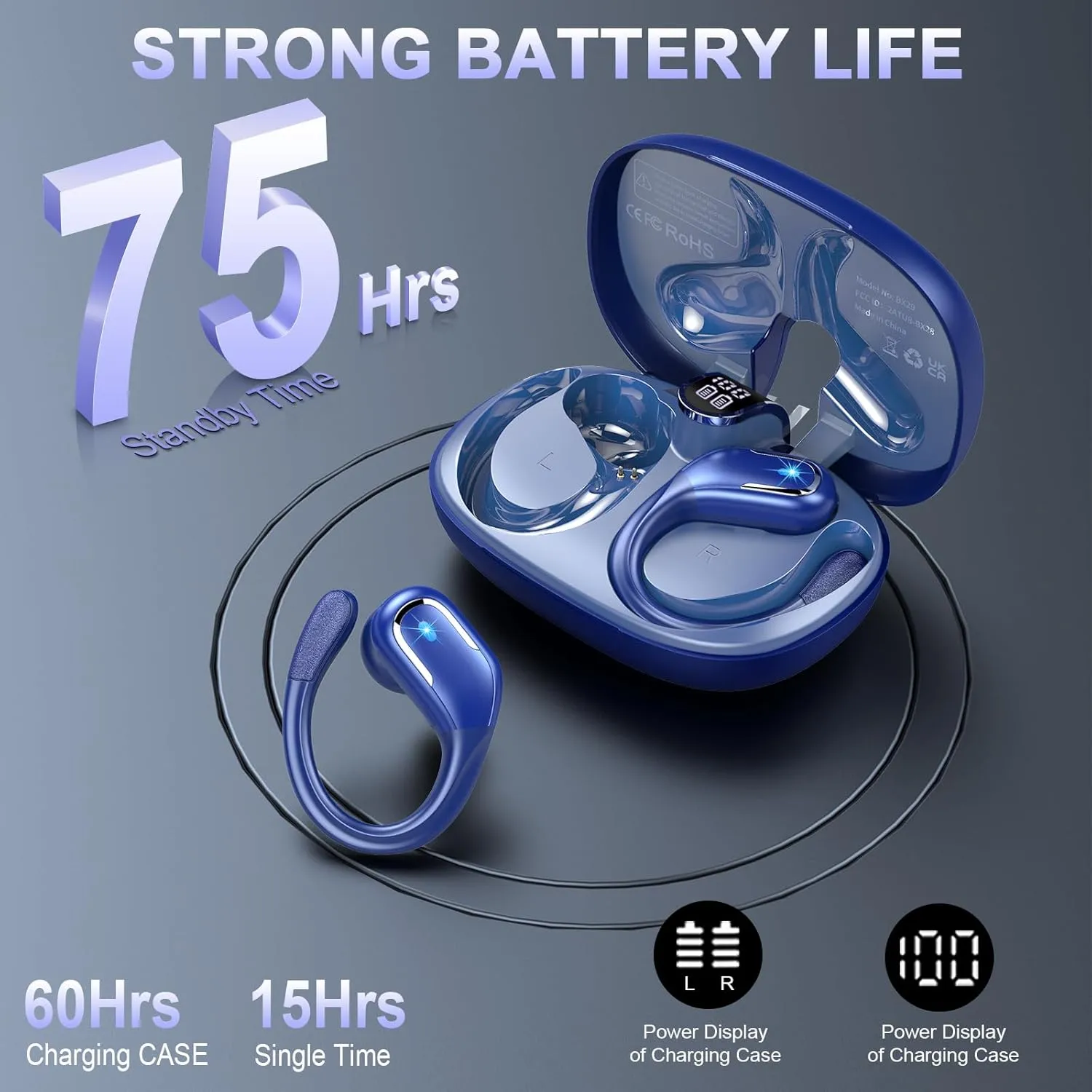 Wireless Earbud Bluetooth 5.4 Headphones 75Hrs Playtime, 2025 Bluetooth Earbuds Deep Bass Noise Cancelling Mic, Over Ear Bud with Sport Earhooks, IPX7 Waterproof LED Display, Button Control, Blue