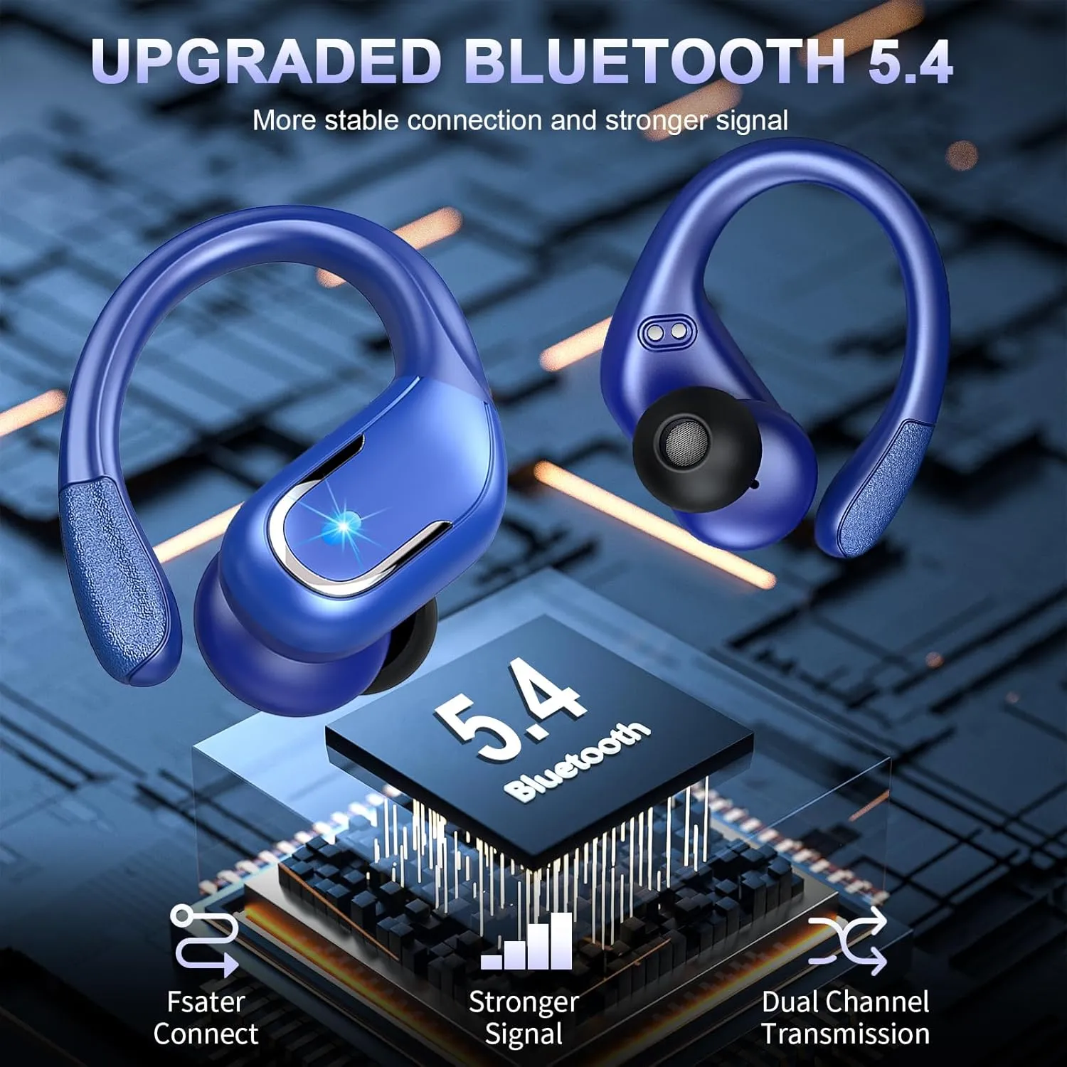 Wireless Earbud Bluetooth 5.4 Headphones 75Hrs Playtime, 2025 Bluetooth Earbuds Deep Bass Noise Cancelling Mic, Over Ear Bud with Sport Earhooks, IPX7 Waterproof LED Display, Button Control, Blue