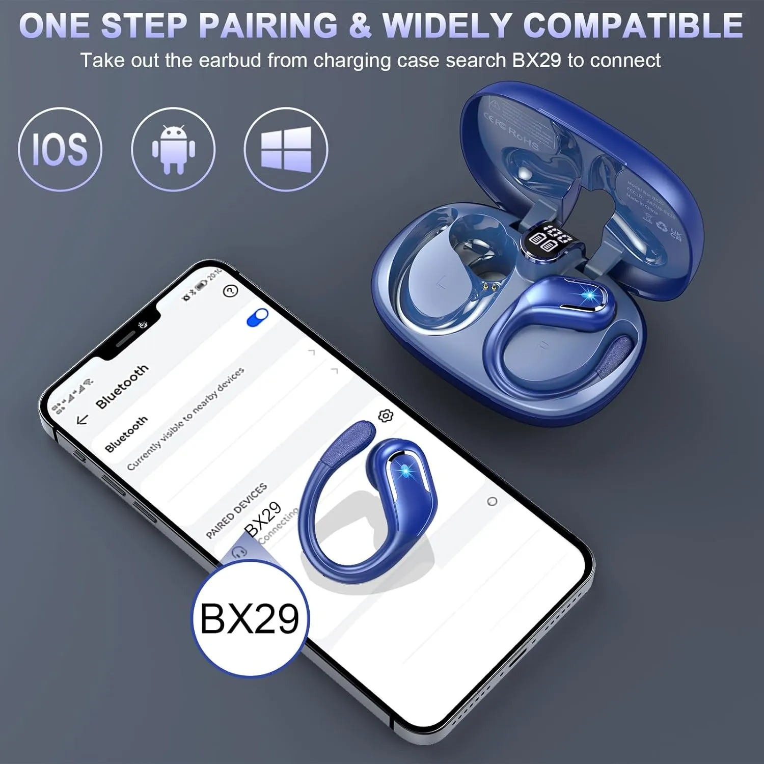 Wireless Earbud Bluetooth 5.4 Headphones 75Hrs Playtime, 2025 Bluetooth Earbuds Deep Bass Noise Cancelling Mic, Over Ear Bud with Sport Earhooks, IPX7 Waterproof LED Display, Button Control, Blue