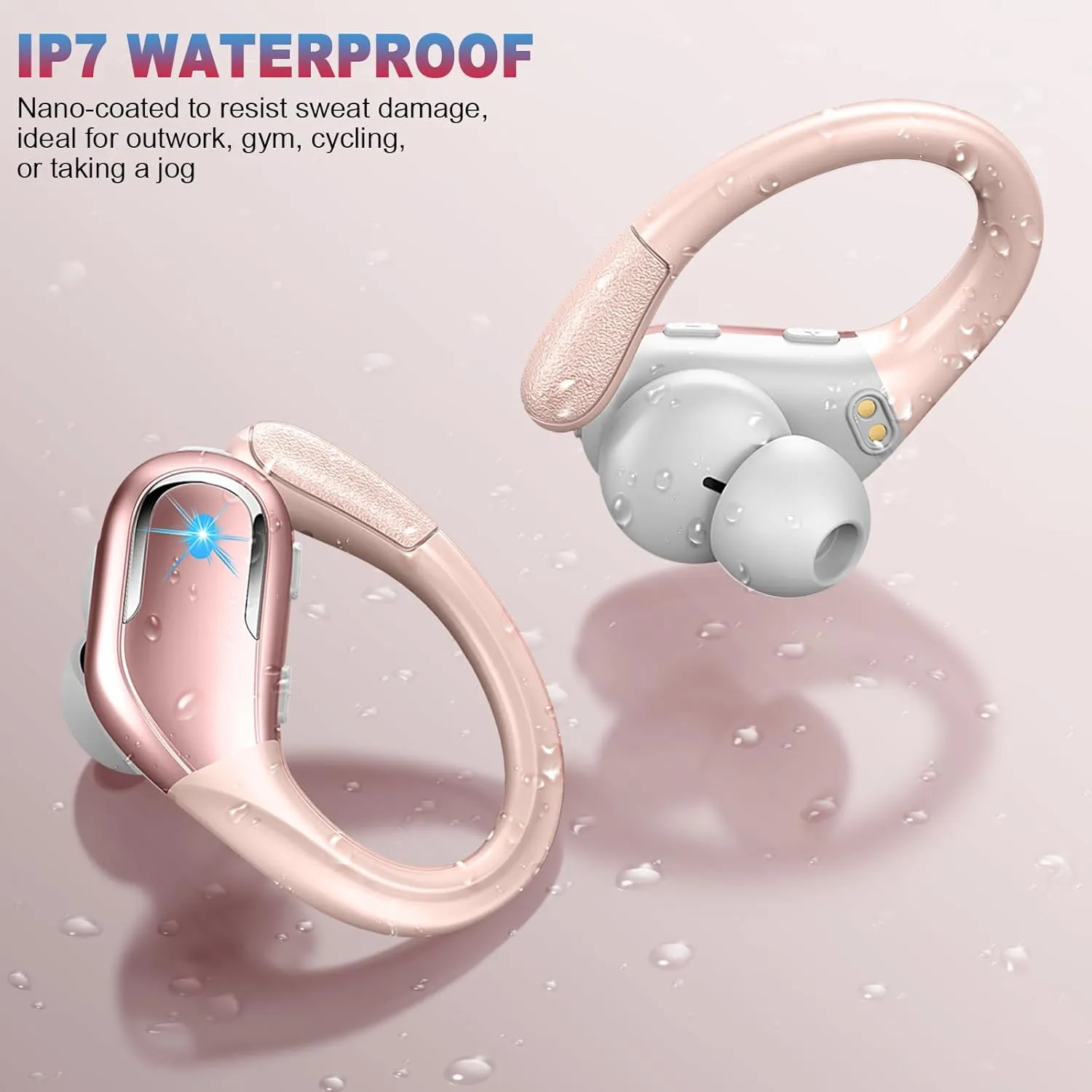Wireless Earbud Bluetooth 5.4 Headphones 75Hrs Playtime, 2025 Bluetooth Earbuds Deep Bass Noise Cancelling Mic, Over Ear Bud with Sport Earhooks, IPX7 Waterproof LED Display, Button Control, Rose Gold