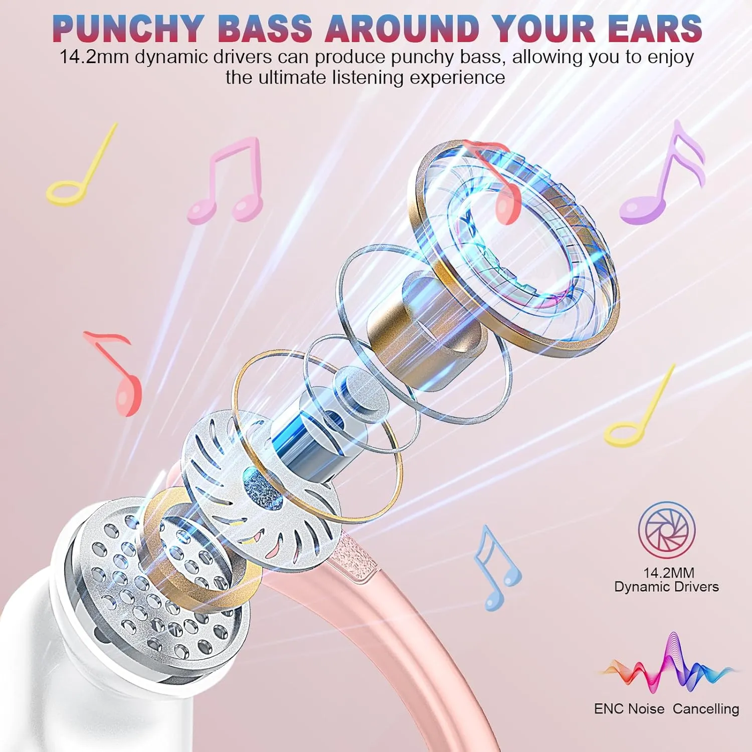 Wireless Earbud Bluetooth 5.4 Headphones 75Hrs Playtime, 2025 Bluetooth Earbuds Deep Bass Noise Cancelling Mic, Over Ear Bud with Sport Earhooks, IPX7 Waterproof LED Display, Button Control, Rose Gold