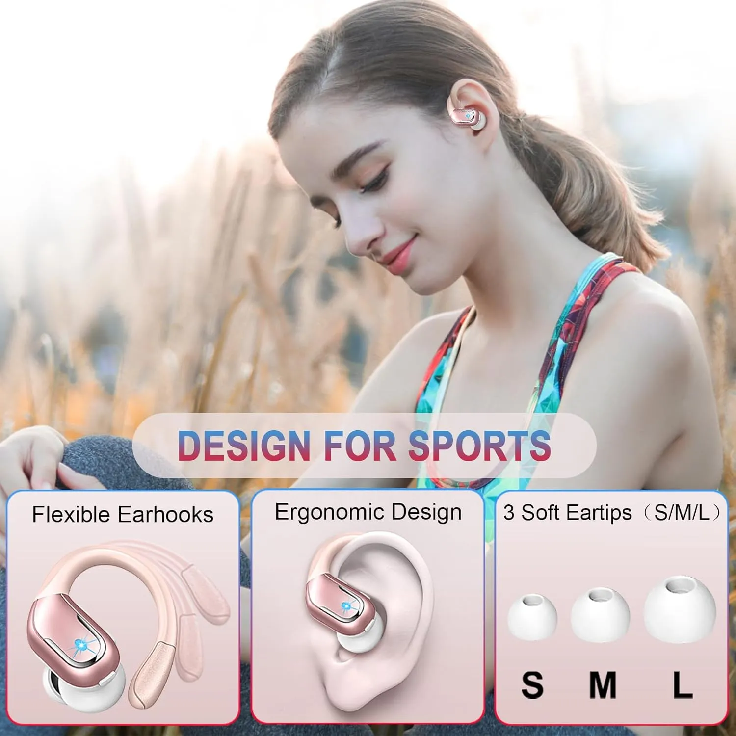 Wireless Earbud Bluetooth 5.4 Headphones 75Hrs Playtime, 2025 Bluetooth Earbuds Deep Bass Noise Cancelling Mic, Over Ear Bud with Sport Earhooks, IPX7 Waterproof LED Display, Button Control, Rose Gold