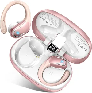 Wireless Earbud Bluetooth 5.4 Headphones 75Hrs Playtime, 2025 Bluetooth Earbuds Deep Bass Noise Cancelling Mic, Over Ear Bud with Sport Earhooks, IPX7 Waterproof LED Display, Button Control, Rose Gold