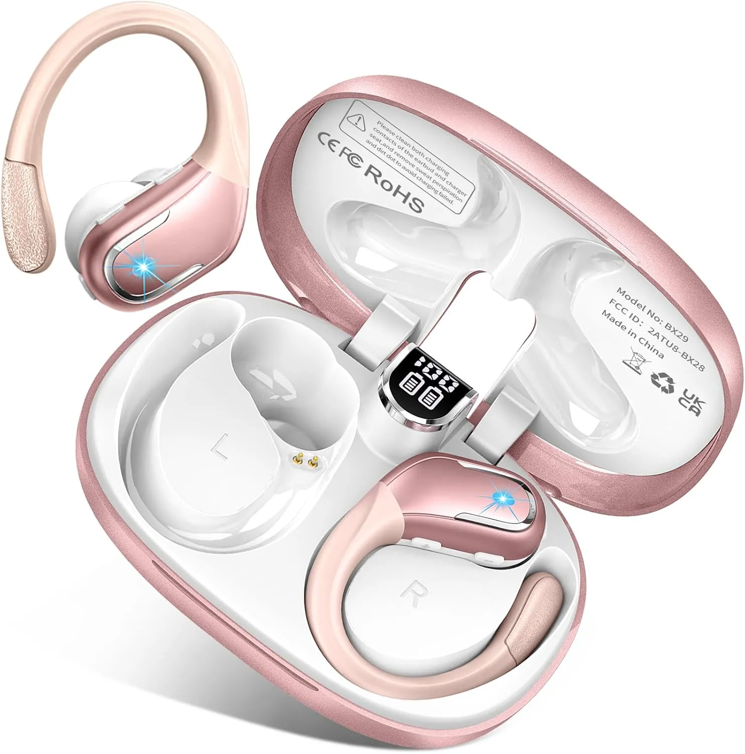 Wireless Earbud Bluetooth 5.4 Headphones 75Hrs Playtime, 2025 Bluetooth Earbuds Deep Bass Noise Cancelling Mic, Over Ear Bud with Sport Earhooks, IPX7 Waterproof LED Display, Button Control, Rose Gold