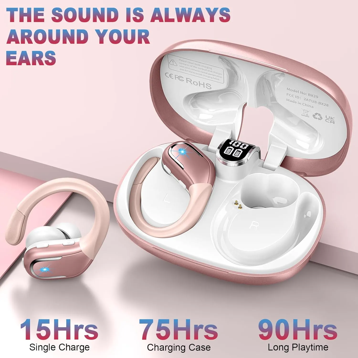Wireless Earbud Bluetooth 5.4 Headphones 75Hrs Playtime, 2025 Bluetooth Earbuds Deep Bass Noise Cancelling Mic, Over Ear Bud with Sport Earhooks, IPX7 Waterproof LED Display, Button Control, Rose Gold