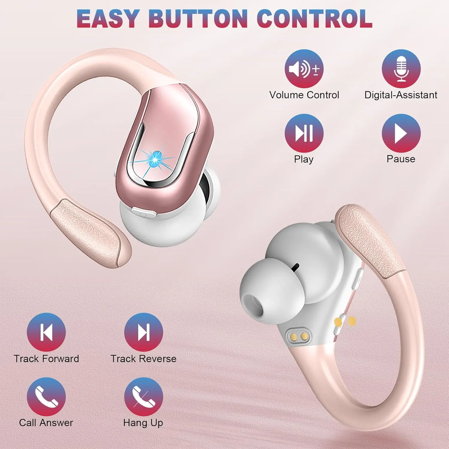 Wireless Earbud Bluetooth 5.4 Headphones 75Hrs Playtime, 2025 Bluetooth Earbuds Deep Bass Noise Cancelling Mic, Over Ear Bud with Sport Earhooks, IPX7 Waterproof LED Display, Button Control, Rose Gold