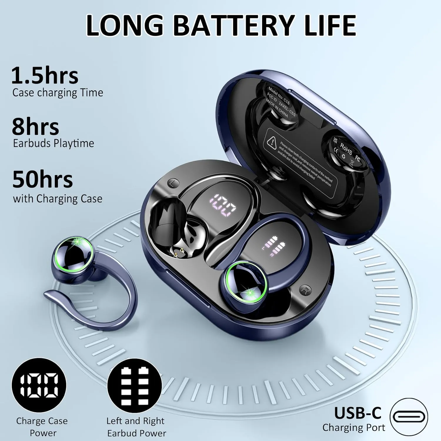 Wireless Earbuds, Bluetooth 5.4 Headphones Sports, 50H Playback Over-Ear buds with ENC Noise Cancelling Mic, Deep Bass Fitness Earphones with Earhooks, IP7 Waterproof Headset for Running Gym Workout