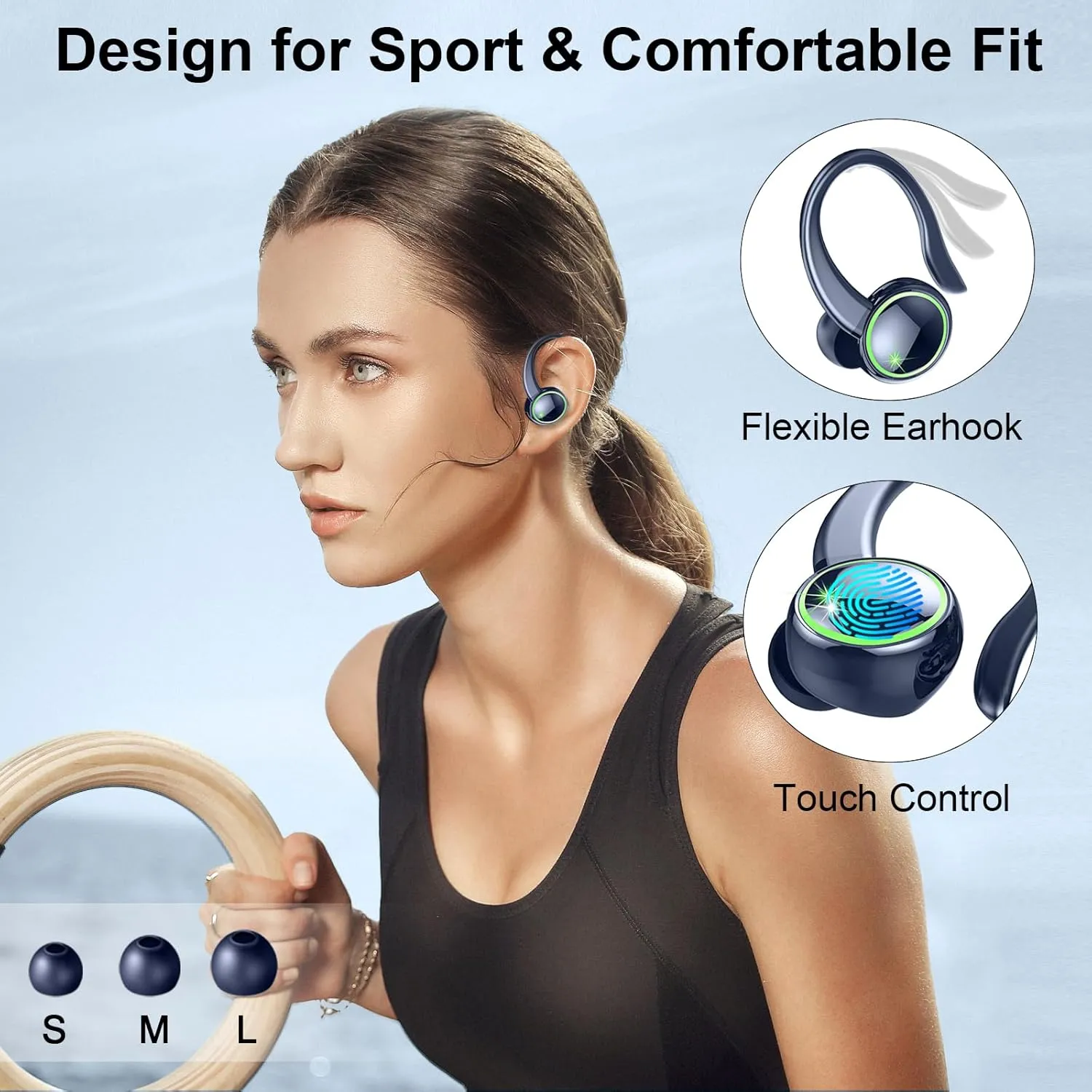 Wireless Earbuds, Bluetooth 5.4 Headphones Sports, 50H Playback Over-Ear buds with ENC Noise Cancelling Mic, Deep Bass Fitness Earphones with Earhooks, IP7 Waterproof Headset for Running Gym Workout