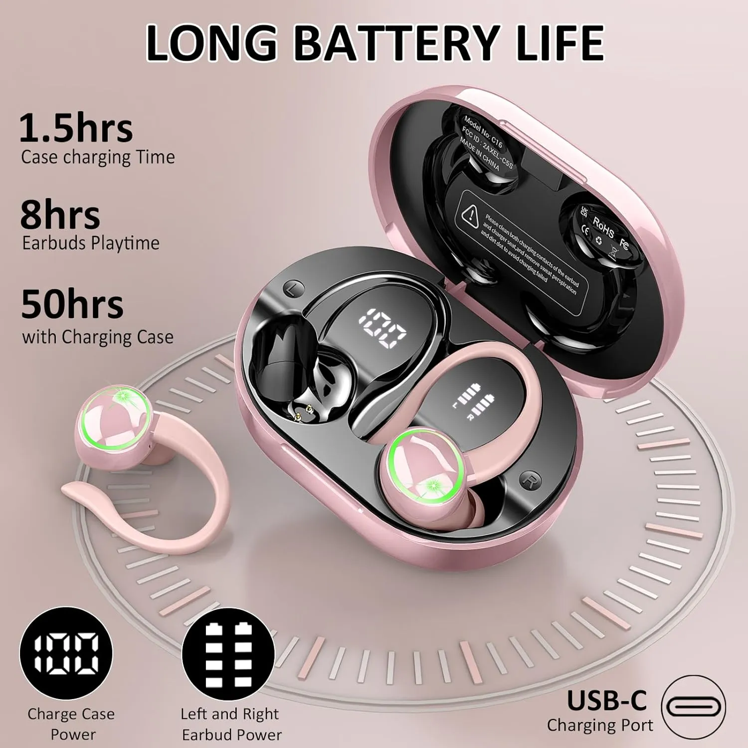 Wireless Earbuds, Bluetooth 5.4 Headphones Sports, 50H Playback Over-Ear buds with ENC Noise Cancelling Mic, Deep Bass Fitness Earphones with Earhooks, IP7 Waterproof Headset for Workout Running Gym