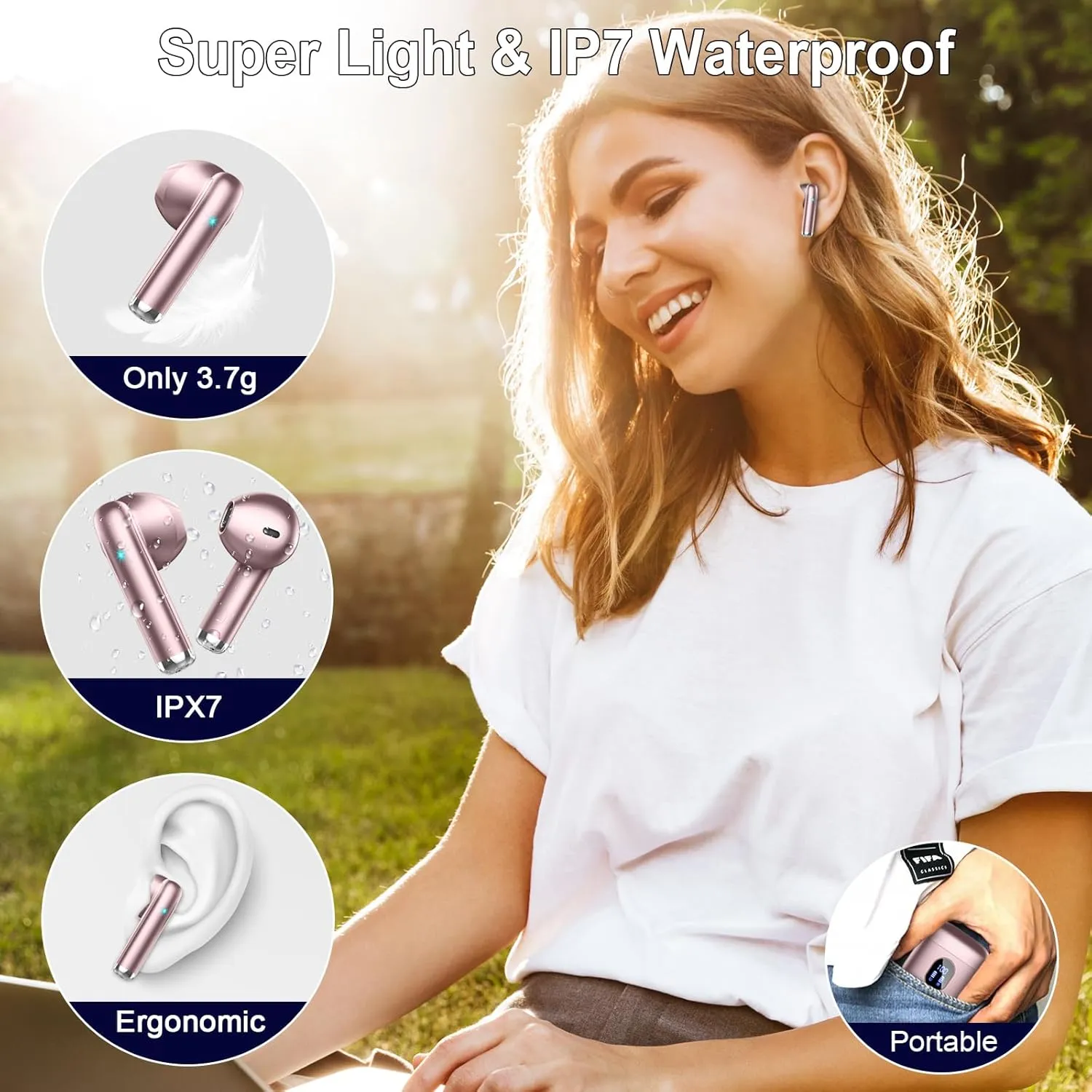 Wireless Earbuds Bluetooth Earbuds Hi-Fi Stereo, 2024 Ear Buds with 4 ENC Mics, 3g Mini Bluetooth Headphones in Ear, 30H USB-C LED Charging Case, IP7 Waterproof Wireless Earphones for Android iOS