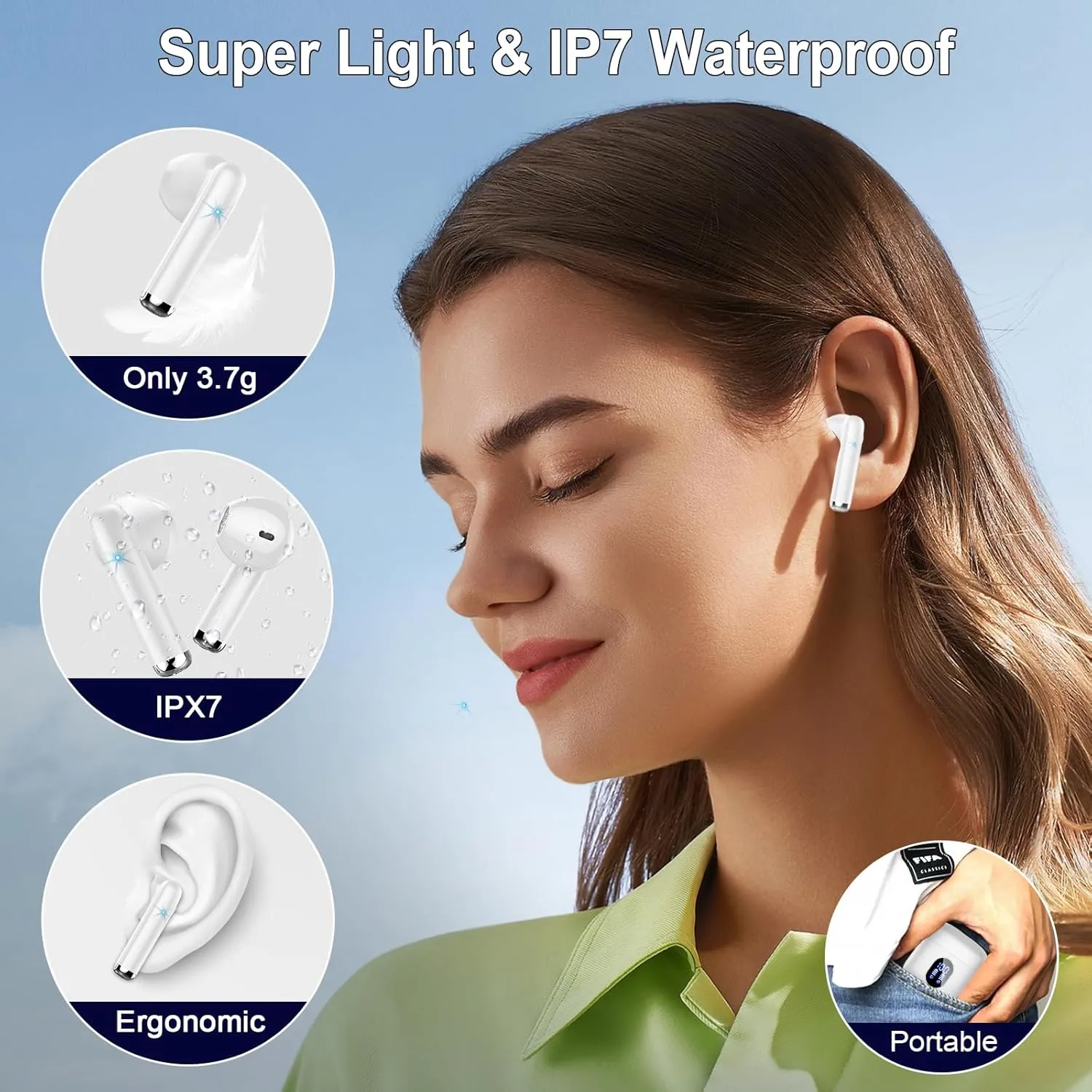 Wireless Earbuds, Bluetooth Headphones 5.4 with ENC Noise Cancelling Mics, 30H Bluetooth Ear buds 3D Bass with LED Display Charging Case, IP7 Waterproof Wireless Earphones for Android, iOS, Pearlwhite