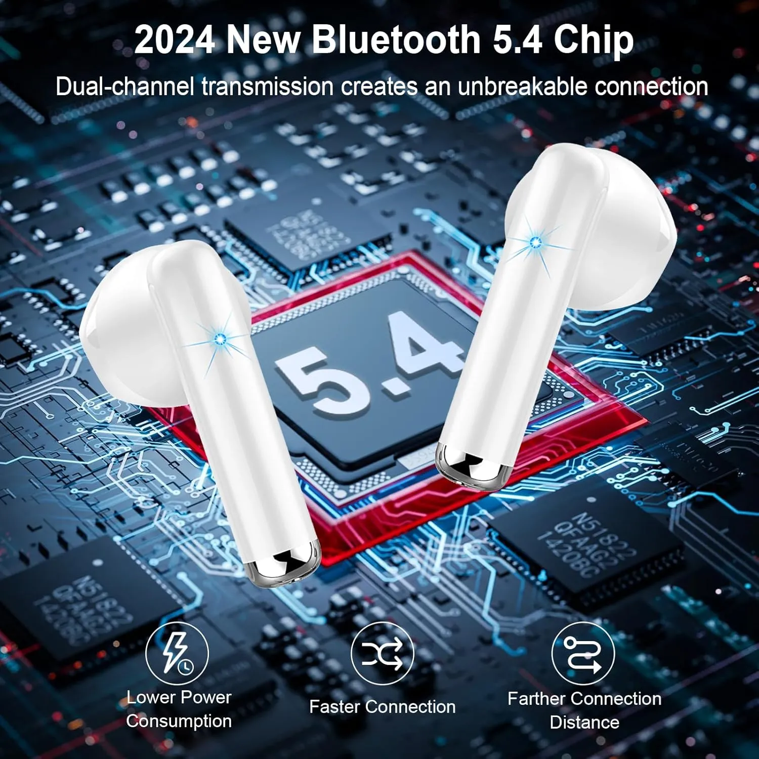Wireless Earbuds, Bluetooth Headphones 5.4 with ENC Noise Cancelling Mics, 30H Bluetooth Ear buds 3D Bass with LED Display Charging Case, IP7 Waterproof Wireless Earphones for Android, iOS, Pearlwhite