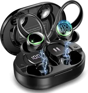 Wireless Earbuds Sports, Bluetooth Headphones 5.3, 50H Playback Over-Ear buds with 4 ENC Noise Cancelling Mic, Deep Bass Earphones with Earhooks, IP7 Waterproof Fitness Headset for Running Workout Gym