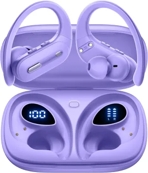 Wireless Earbuds V5.3 Bluetooth Headphones 90 Hrs Playtime Earbuds with Wireless Charging Case Power Display Over-ear Earphones with Earhooks Waterproof Stereo Headset for Android phone Workout Purple