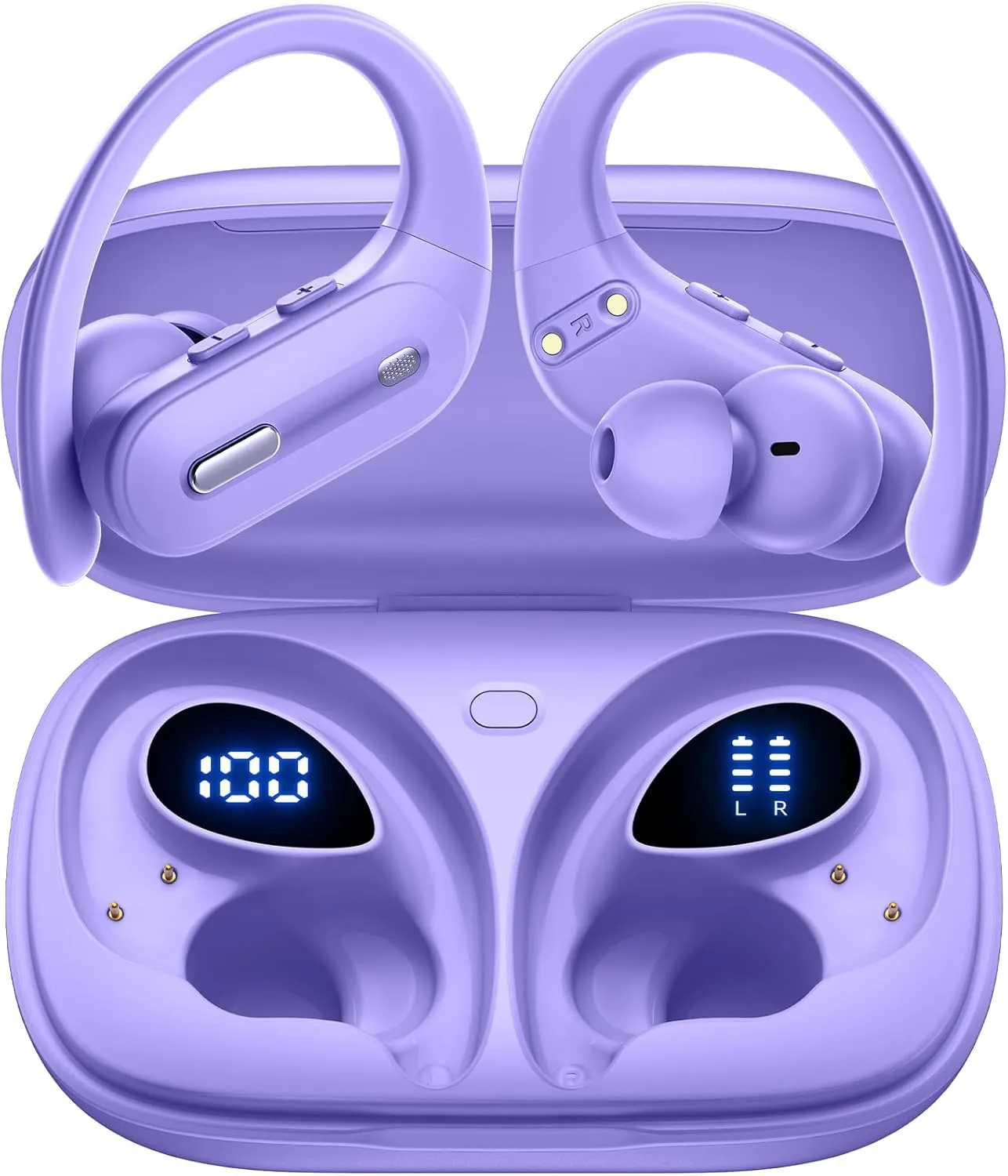 Wireless Earbuds V5.3 Bluetooth Headphones 90 Hrs Playtime Earbuds with Wireless Charging Case Power Display Over-ear Earphones with Earhooks Waterproof Stereo Headset for Android phone Workout Purple