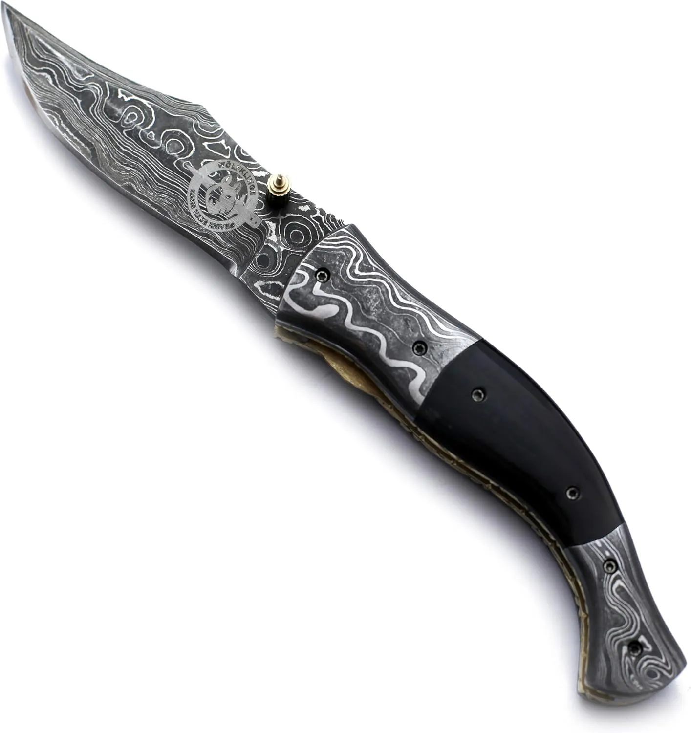 WÖLFKLINGE Damascus Handmade Folding Pocket Knife – The Ultimate EDC for Hunting, Survival, Camping, and Fishing with Full Tang Micarta Handle and Luxurious Cowhide Leather Sheath-WFD-2547