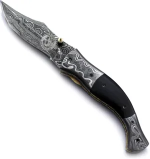 WÖLFKLINGE Damascus Handmade Folding Pocket Knife – The Ultimate EDC for Hunting, Survival, Camping, and Fishing with Full Tang Micarta Handle and Luxurious Cowhide Leather Sheath-WFD-2547