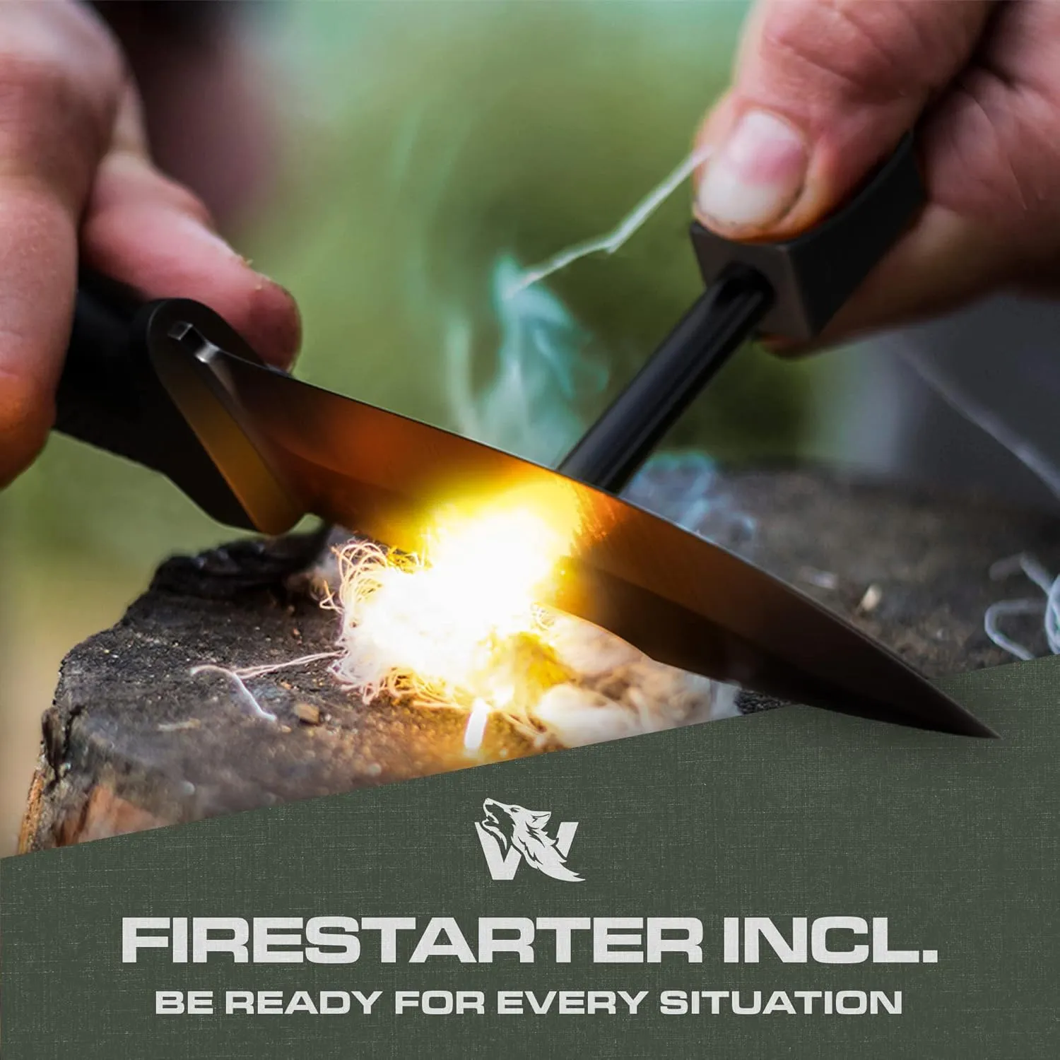 WOLF-III Full Tang Survival Knife with Fire Starter and Sheath - Stylish Tactical Fixed Blade - Made of D2 Steel - Bushcraft and Camping Knife - With Belt Loop, Plug Lock & Multi Lok