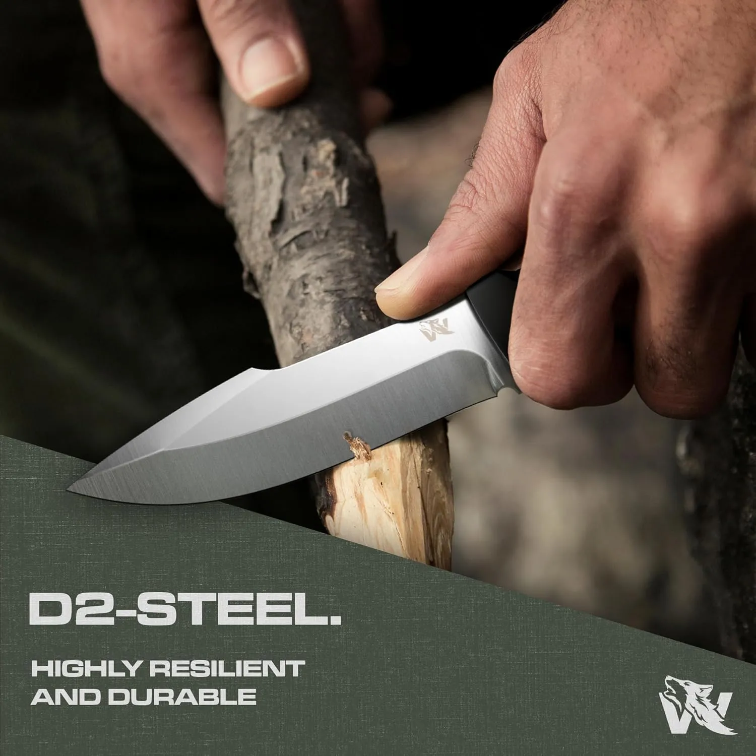 WOLF-III Full Tang Survival Knife with Fire Starter and Sheath - Stylish Tactical Fixed Blade - Made of D2 Steel - Bushcraft and Camping Knife - With Belt Loop, Plug Lock & Multi Lok