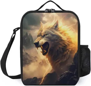 Wolf in Mountains with Thunder Surrounding Lunch Bag Insulated Cooler Dinner Box Reusable Tote Bag with Shoulder Strap for Work